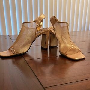 Metallic Gold Mesh Open-Toe Block Heel Sandals